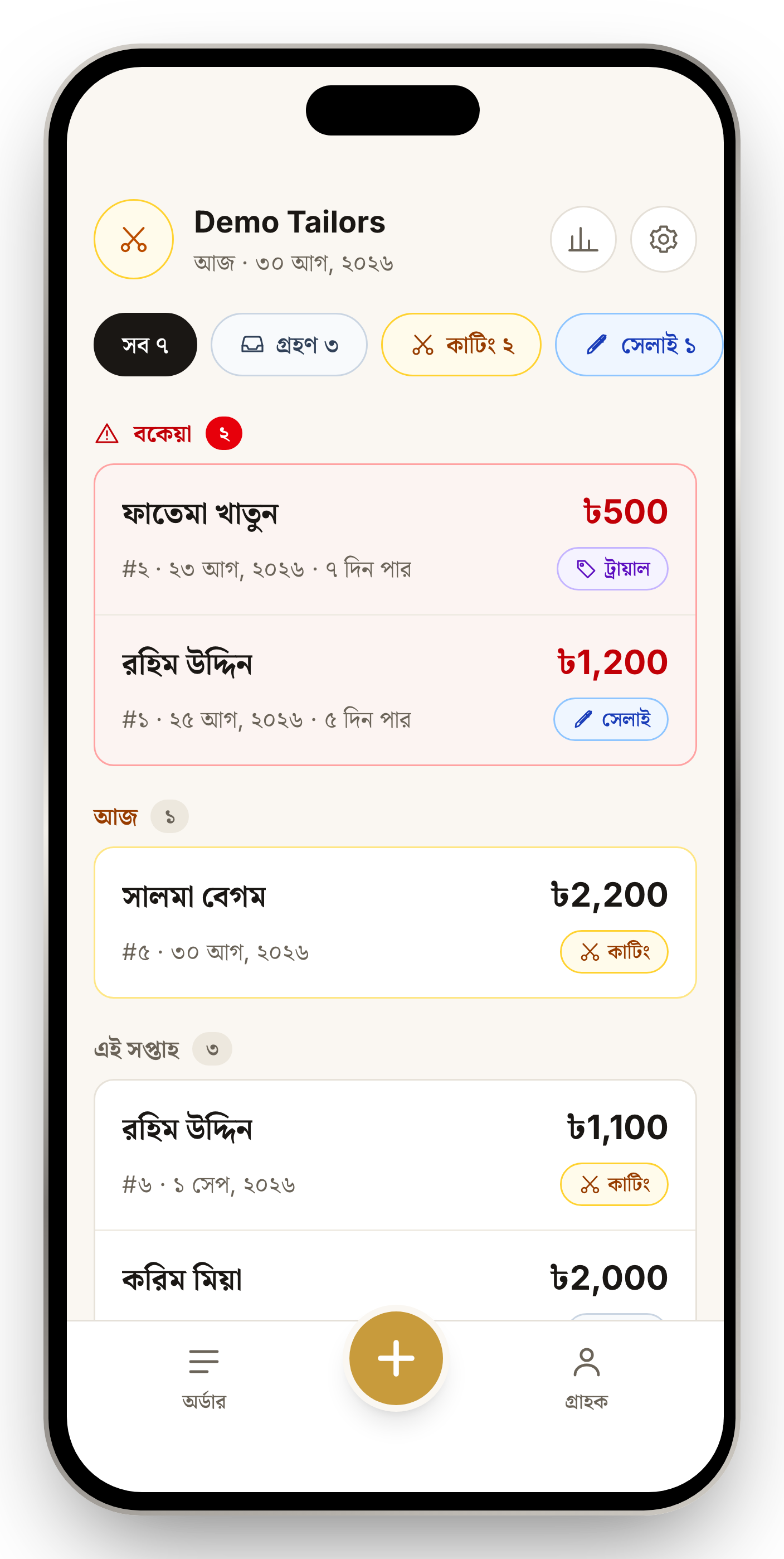 দর্জিখাতা — Tailor Shop Manager — The shop floor. Orders grouped by urgency, with overdue work carrying the only red frame in the app and the balance owed as the largest number on each row.