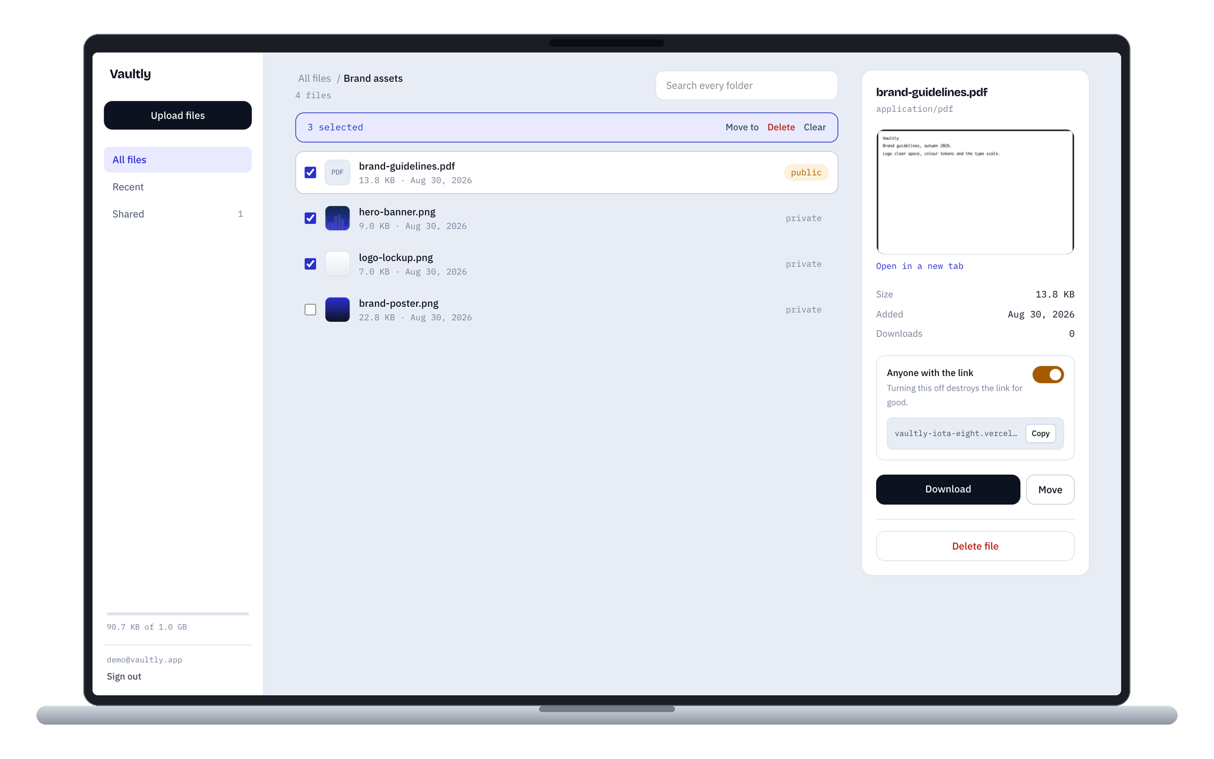 Vaultly — Secure File Storage — Selecting files replaces the toolbar with what you can do to them. Ten files means one confirmation dialog, not ten.