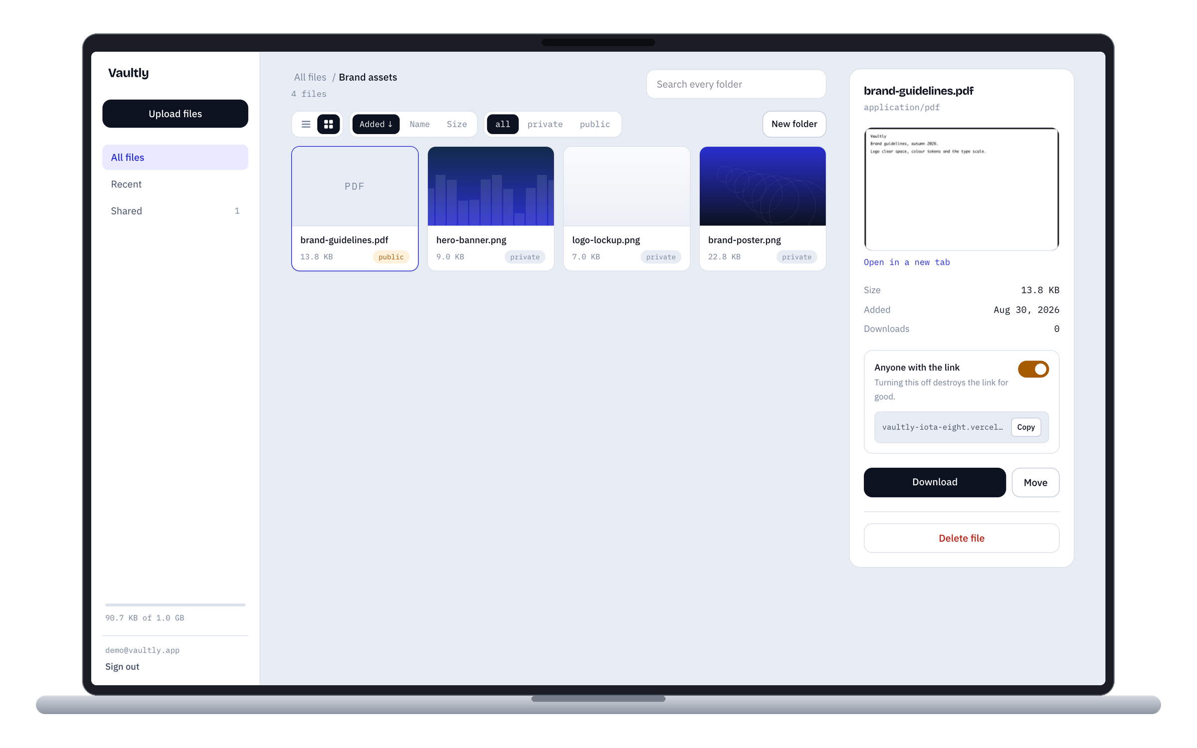 Vaultly — Secure File Storage — Grid view inside a folder. The inspector carries the one control that matters — a labelled switch with its consequence written under it, and the share link beside a copy button.