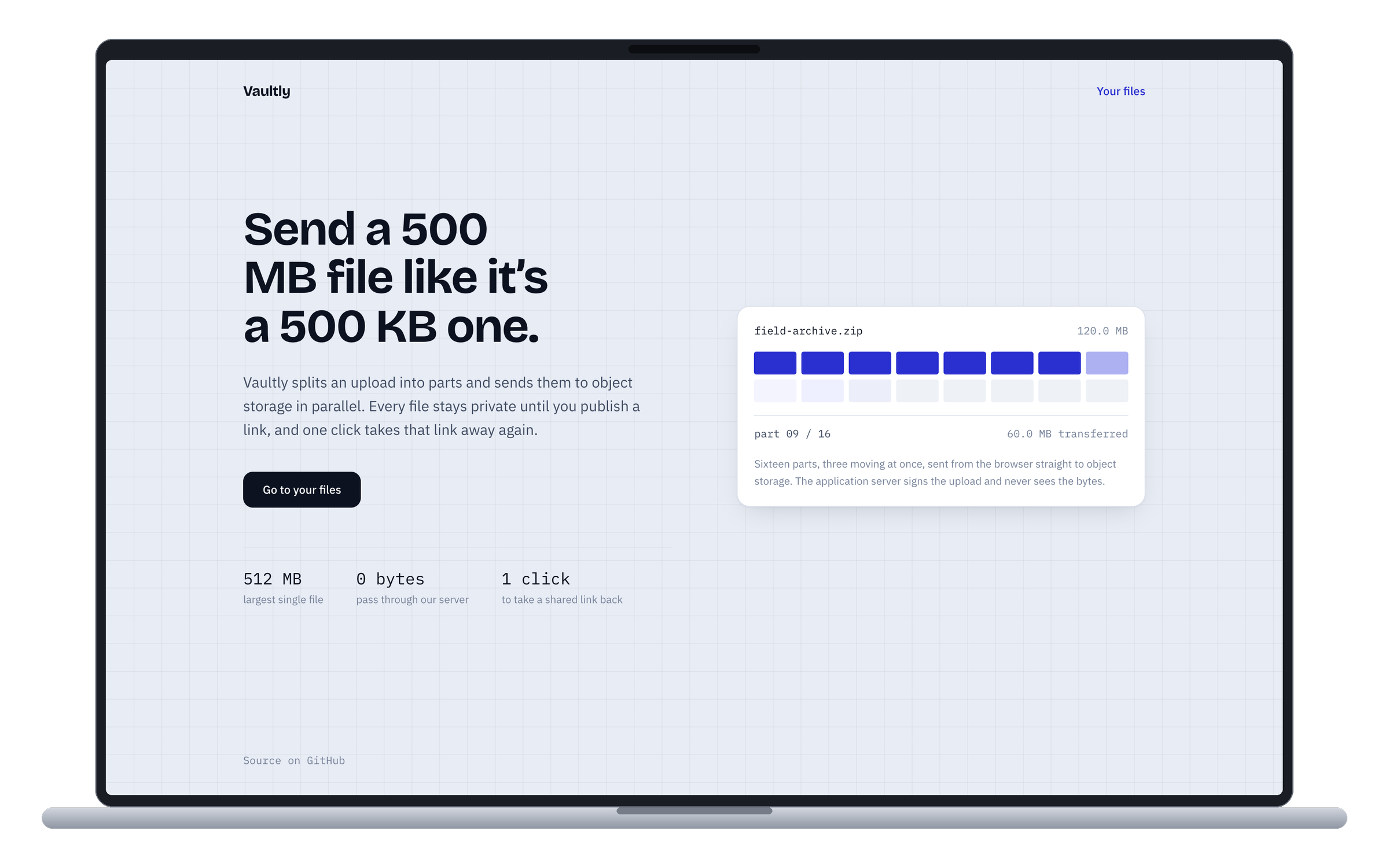 Vaultly — Secure File Storage — The landing page animates the real upload model: sixteen parts, three moving at once, going straight to storage. It is the product's thesis rather than decoration.