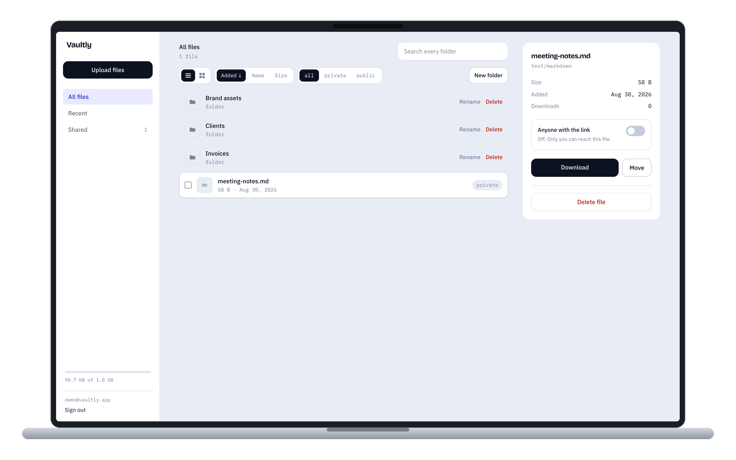 Vaultly — Secure File Storage — The list view, with folders above files and everything selectable. The same data drives both views; the toggle only changes how a row is drawn.