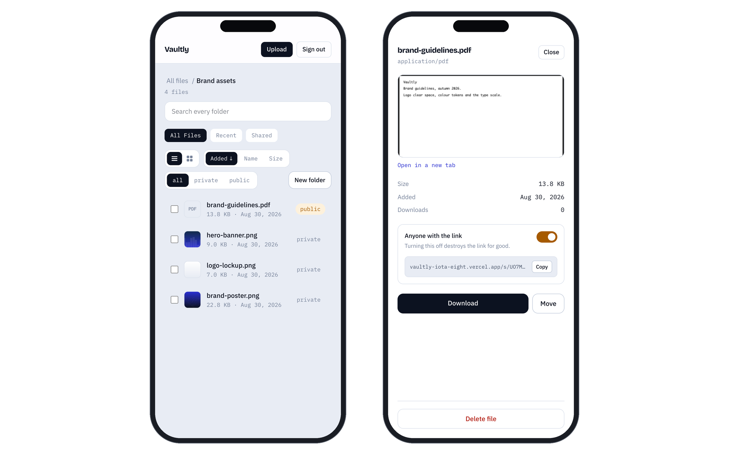Vaultly — Secure File Storage — On a phone the inspector becomes a full screen sheet, so you land on your files rather than on a file. Auto-selection only happens where the panel has a column to sit in.