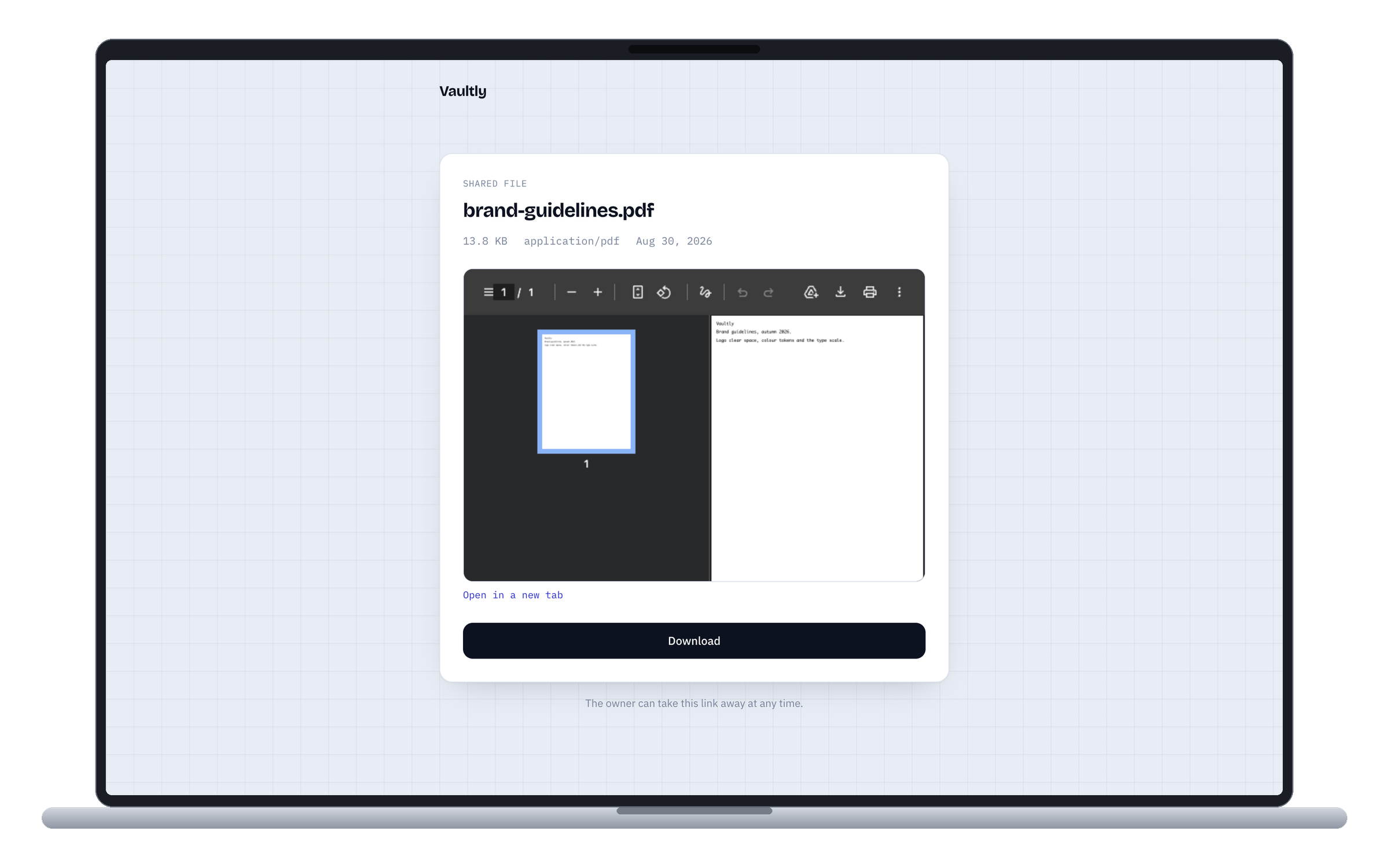 Vaultly — Secure File Storage — What someone with the link sees. No account, no dashboard — the file, its facts, a preview, and a download served from a URL that expires in five minutes.
